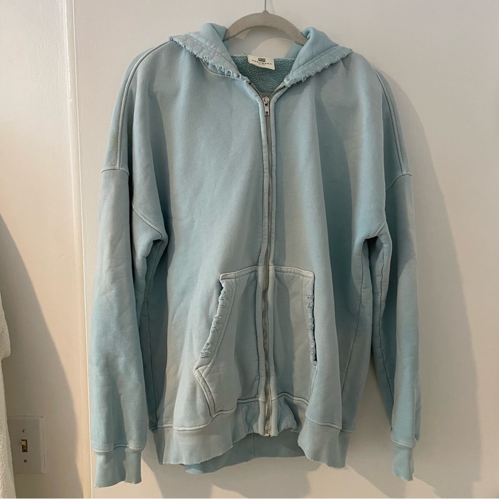 SOLD moojimooji Light Blue Zip-Up Hoodie Distressed Sz Small Oversized